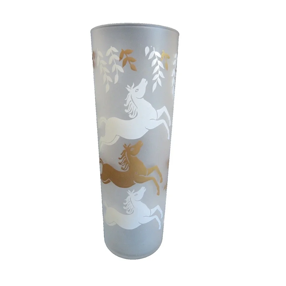 Vintage Libbey Cavalcade Frosted Glass w/ White‎ & Gold Horses 2.5